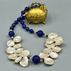 Keshi Pearl, Blue Scrolled Lapis, with Vermeil accents