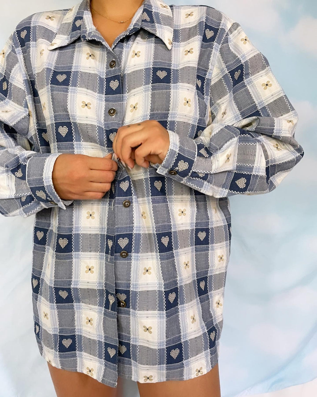 Plaid Button Up with Heart Embroidery